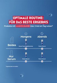 Produktanzeige mit blauem Hintergrund, Infografik-Layout. Textanweisungen zur Anwendung von Power Moisturizer und Power Serum, mit Schwerpunkt auf Morgen- und Abendroutinen.
