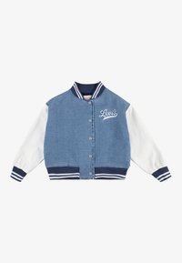 Džínová varsity bunda s bílými rukávy, žebrovaným límcem a manžetami v námořnické modré a bílé pruhované barvě, předním zapínáním na knoflíky a logem "Levi's" na hrudi.