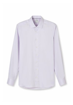 Hellviolettes, strukturiertes Herren-Hemd mit langen Ärmeln, Knopfleiste und klassischem Kragen, flach auf weißem Hintergrund präsentiert.