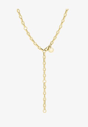 Halskette aus goldfarbigem Metall mit ovalen Gliedern und einem zentralen Tropfen. Mit einem kleinen runden Etikett mit eingraviertem Text. Glatte, polierte Oberfläche.