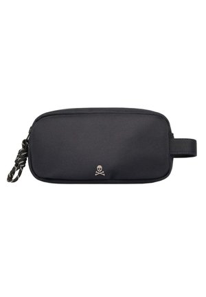 Black polyester pouch with a smooth texture, featuring a silver skull and crossbones logo and a side handle with a woven cord detail.