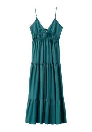 Robe maxi sans manches couleur sarcelle avec fines bretelles, encolure en V, taille froncée et jupe fluide à volants.