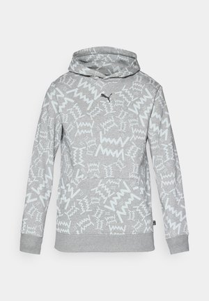 Light gray hoodie with white abstract zigzag patterns and a black Puma logo on the chest, featuring a front pouch pocket and ribbed cuffs.