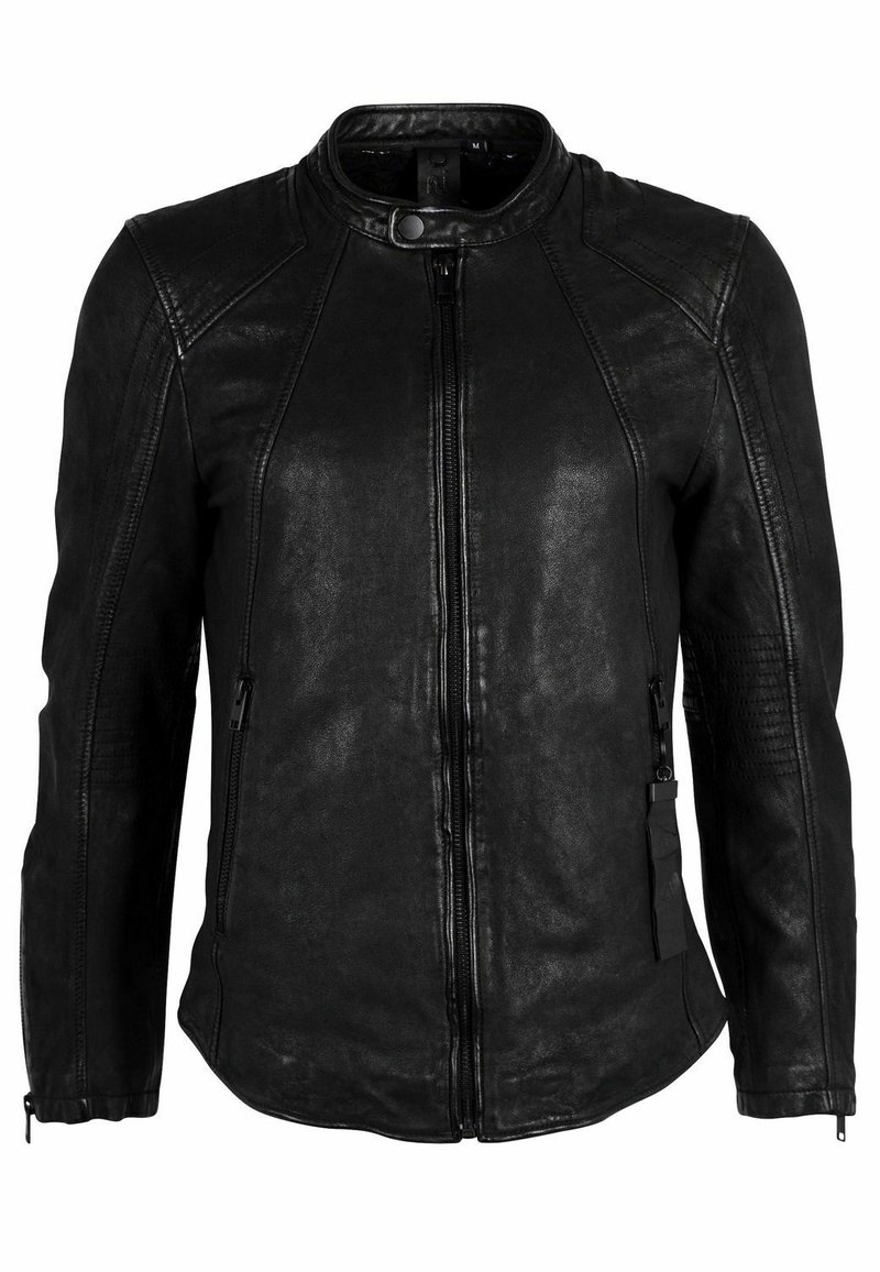 Giubbotto di pelle nera con chiusura a zip, dettagli a coste sulle maniche e tasche laterali. Presenta un colletto rialzato e una texture liscia.