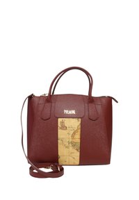 Borsa a mano in finta pelle rossa con manico superiore, caratterizzata da un design di mappa beige sul pannello frontale e una tracolla rimovibile.