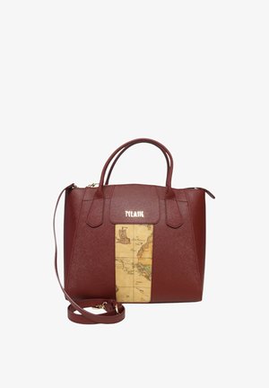 Borsa a mano in finta pelle rossa con manico superiore, caratterizzata da un design di mappa beige sul pannello frontale e una tracolla rimovibile.