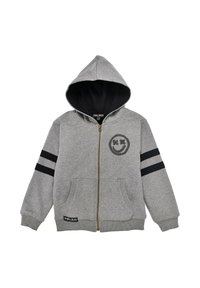 Grauer Zip-Hoodie aus Baumwollmischung mit schwarzem Smiley-Logo, zwei Fronttaschen und schwarzen Streifenakzenten an den Ärmeln.