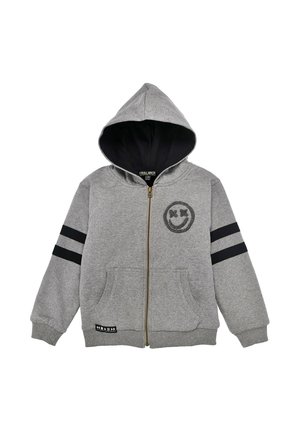 Gray zip-up hoodie made of cotton blend with a black smiley face logo, two front pockets, and black striped accents on sleeves.