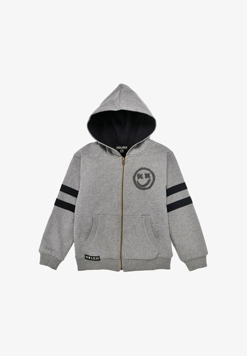 Grauer Zip-Hoodie aus Baumwollmischung mit schwarzem Smiley-Logo, zwei Fronttaschen und schwarzen Streifenakzenten an den Ärmeln.