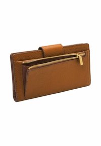 Portefeuille en cuir marron à finition texturée, doté d'un compartiment zippé et d'une poche extérieure, avec des bords soigneusement cousus.