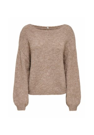 Pull ample à manches longues en maille douce marron clair, avec poignets et ourlet côtelés et un large col rond.
