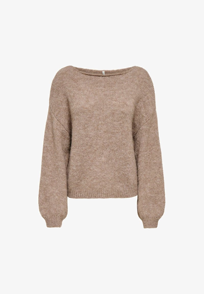 Pull ample à manches longues en maille douce marron clair, avec poignets et ourlet côtelés et un large col rond.