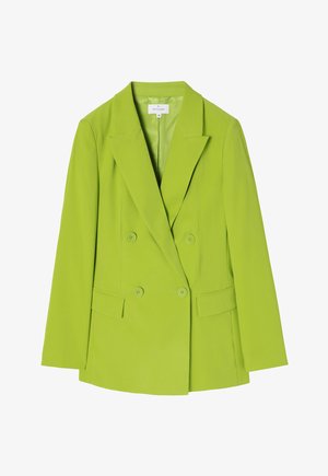 Džemper s duplim kopčanjem u svijetlozelenoj tkanini, s odrezanim reverima, dva prednja džepa i kopčanjem na dugme. Glatka tekstura i krojeni dizajn.