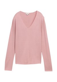 T-shirt à manches longues rose, fabriqué en matériau doux et léger, avec un décolleté en V profond et une coupe décontractée. Design simple sans motifs ni accents.