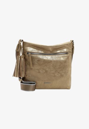 Kuldne metallist nahast õlakott, millel on lukuga esikott, tuttimine ja kontrastne rihm. Sile tekstuur ja minimalism.