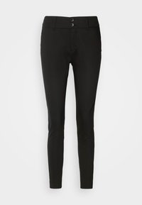 Pantalons noires ajustés avec une coupe slim, deux boutons à l'avant et une texture de tissu lisse. Pas de poches visibles sur la vue de face.