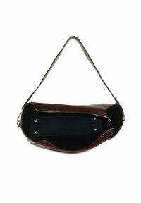 Borsa a tracolla in pelle bordeaux con una ampia apertura, tasca interna con cerniera e rivestimento in tessuto scuro. Tracolla regolabile con dettagli in metallo dorato.