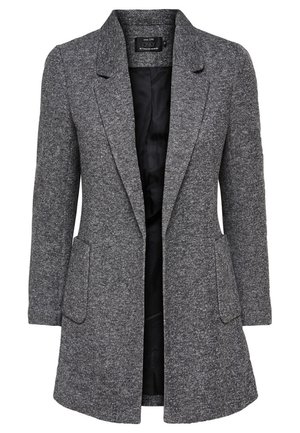Szary damski żakiet z mieszanki wełny, z wciętymi klapami, dwoma przednimi kieszeniami z patkami oraz czarną podszewką wewnętrzną.