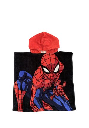 Child’s black hooded towel with red hood featuring a large Spider-Man crouching and shooting web on the front.