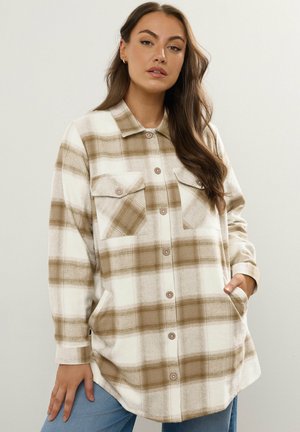 Ruitjeshemd in witte en beige tinten, met knoopsluiting aan de voorkant, twee borstzakken, zachte stof, losse pasvorm, ronde zoom, lange mouwen.