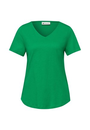 Grøn kortærmet dame T-shirt med V-hals og buet kant, lavet af struktureret stof.