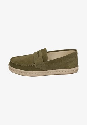 Green suede loafer-style shoe with a woven jute sole, featuring a simplistic design and a stitched accent across the front.