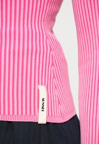 Istuv roosa ribikoes, millel on vahelduvad heledamad ja tumedamad triibud, ning hemmi küljes on kangast silt, millel on kirjas "SUNNEI."