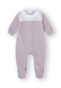 Body de bebé lila con lunares, cuello blanco con volantes, mangas largas y cierres de broche en la parte inferior para facilitar el vestir y el cambio de pañales.