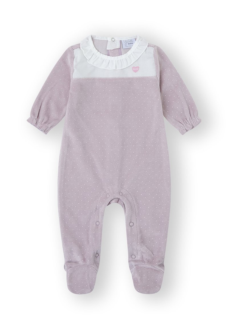 Body de bebé lila con lunares, cuello blanco con volantes, mangas largas y cierres de broche en la parte inferior para facilitar el vestir y el cambio de pañales.