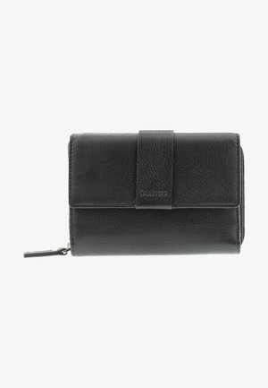 Černá kožená peněženka s texturovaným povrchem, vybavená klopovým uzávěrem a zipovou kapsou. Na přední straně je vytlačené logo.