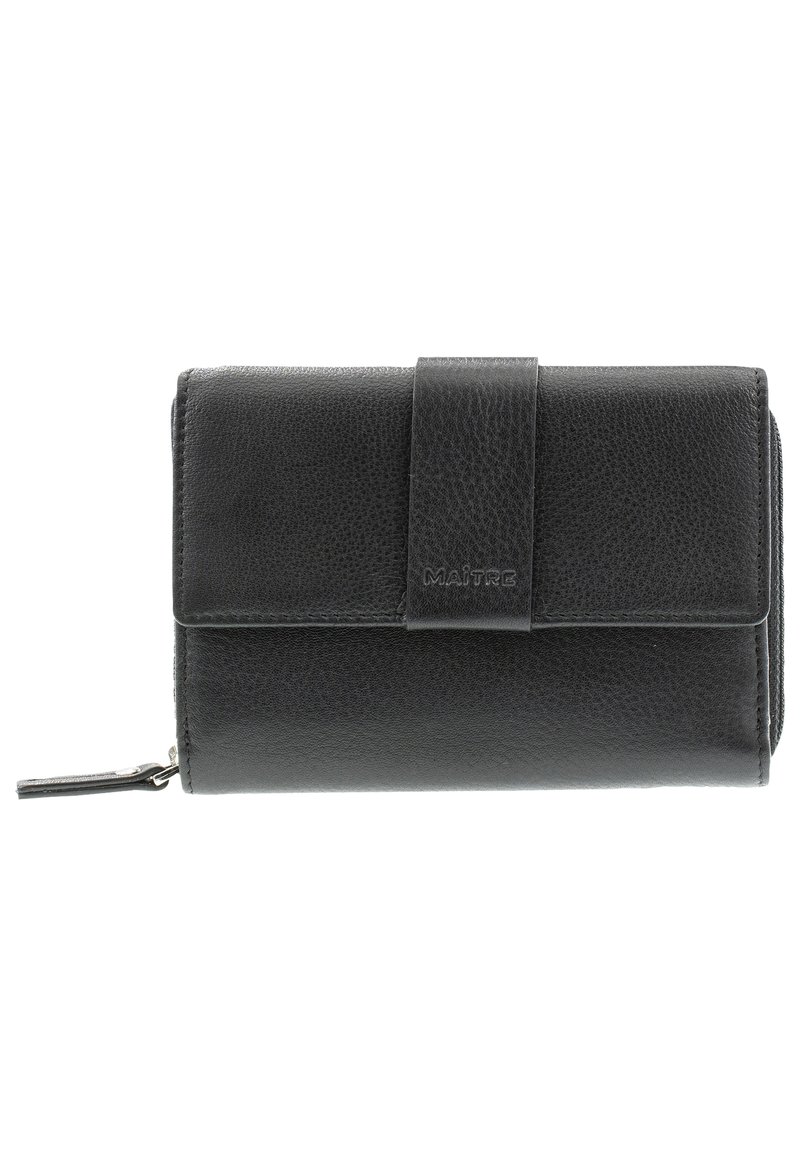 Czarny skórzany portfel o fakturowanym wykończeniu, z klapką i zamykanym na zamek kompartem. Logo wytłoczone z przodu.