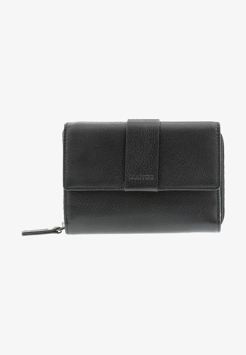 Czarny skórzany portfel o fakturowanym wykończeniu, z klapką i zamykanym na zamek kompartem. Logo wytłoczone z przodu.