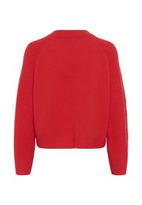 Maglione rosso a maglia con design cropped, caratterizzato da dettagli a coste sul bordo inferiore e sulle maniche, e una texture liscia. Vista posteriore mostrata.