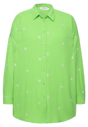 Langarm, felgroen shirt van textuurstof, met zilveren ster borduursels en een knoopsluiting aan de voorkant met een kraag.