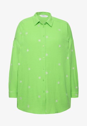 Langarm, felgroen shirt van textuurstof, met zilveren ster borduursels en een knoopsluiting aan de voorkant met een kraag.