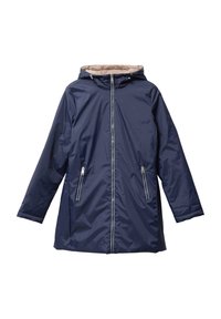 Manteau imperméable marine avec capuche, fermeture éclair à l'avant et deux poches zippées. Présente une texture lisse et une doublure intérieure contrastante.