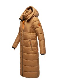 Long puffer coat in tan, featuring a hood, zip closure, and orange accents. Textured quilted pattern with adjustable cuffs and pockets.