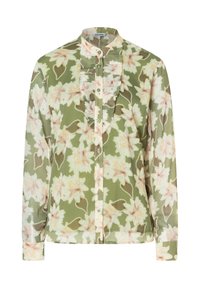 Blouse à boutons dans un tissu léger. Présente une base vert olive avec de grands motifs floraux roses et crème, un devant à volants et des manches longues.