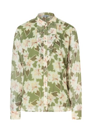 Blouse met knoopsluiting in een lichtgewicht stof. Heeft een olijfgroene basis met grote roze en crèmekleurige bloemenpatronen, een.folderige voorkant en lange mouwen.