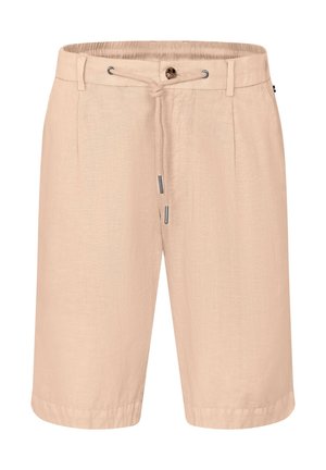Light peach linen shorts with an elastic waistband, drawstring closure, and a single front button. Features stitched hems and a smooth texture.