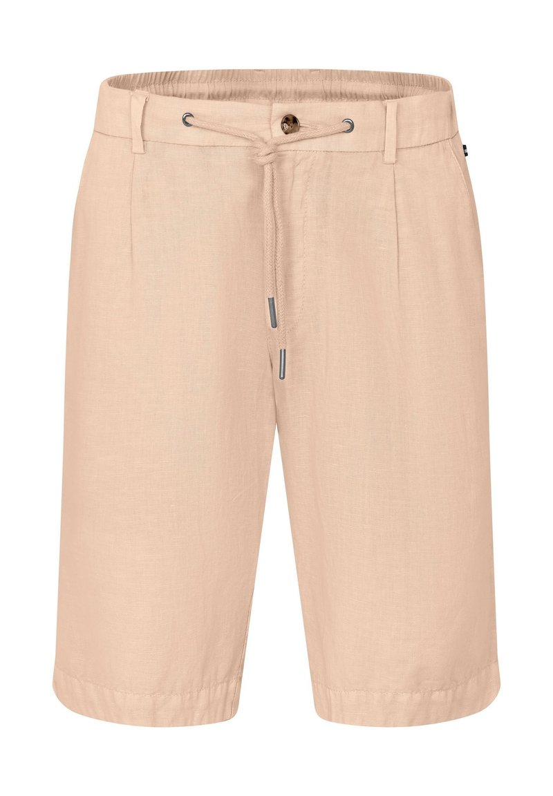 Light peach linen shorts with an elastic waistband, drawstring closure, and a single front button. Features stitched hems and a smooth texture.