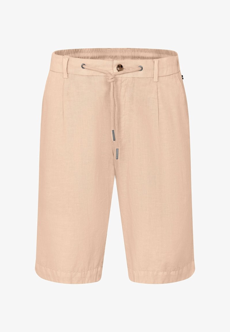 Light peach linen shorts with an elastic waistband, drawstring closure, and a single front button. Features stitched hems and a smooth texture.