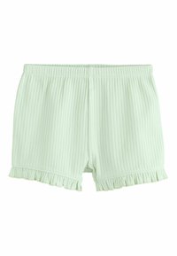 Shorts côtelés vert menthe avec une ceinture élastique et un ourlet à volants. Tissu doux, longueur moyenne avec une coupe décontractée et une surface texturée.