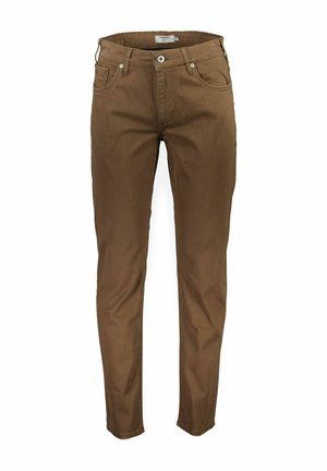 Brązowe bawełniane spodnie o wąskim kroju; mają pięć kieszeni, zamek błyskawiczny i zapięcie na guzik; gładka faktura z minimalnymi detalami przeszycia.