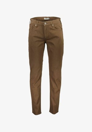 Brune bomuldsbukser med slim fit; har fem lommer, lynlås og knaplukning; glat tekstur med minimale sømdetaljer.