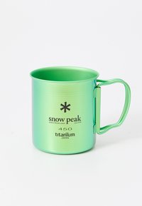 Titanium mug, green, cylindrical shape, textured finish, features a sturdy handle, with branding printed in black on the side.