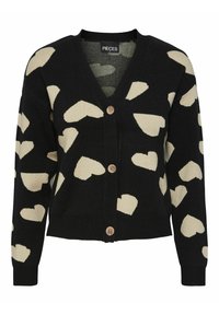 Cardigan noir avec motif de cœur crème, col en V et cinq boutons marron. Fabriqué en matière douce avec des poignets et un ourlet côtelés.