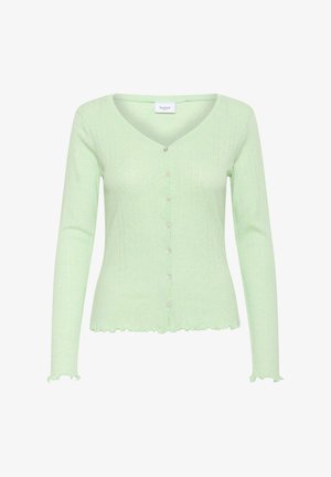 Light green long-sleeve cardigan with a V-neck, ribbed texture, small buttons down the front, and ruffled cuffs and hem.