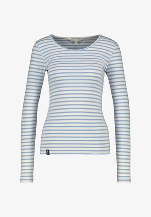 Strakvallend shirt met lange mouwen, horizontale lichtblauwe en witte strepen en een klein zwart label aan de onderzoom.