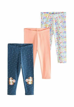 Three pairs of legging pants: navy with white polka dots and a guinea pig design, coral, and a floral pattern. All are stretchy fabric.
